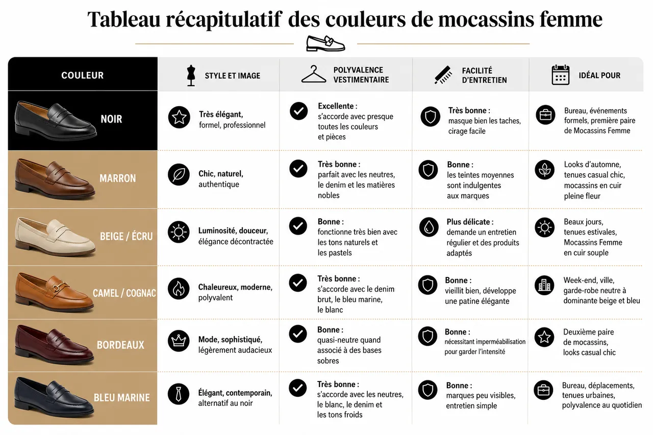 Quelle couleur de mocassins femme choisir pour une polyvalence maximale , Tableau récapitulatif des couleurs de mocassins femme
