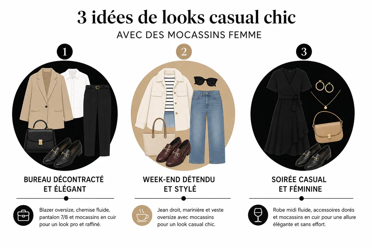 3 looks casual chic avec des mocassins femme à reproduire facilement , 3 idées de looks casual chic avec des mocassins femme
