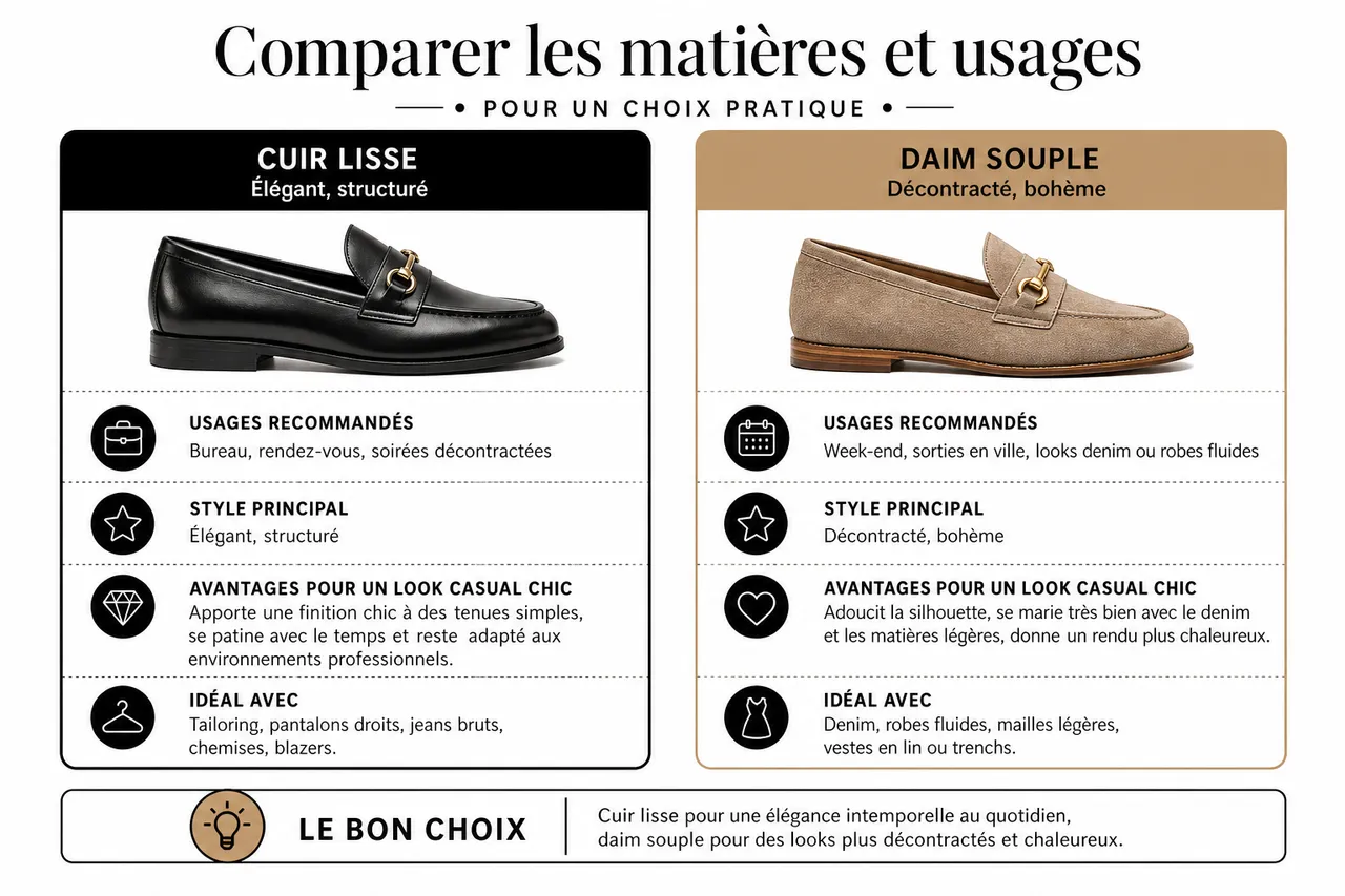 3 looks casual chic avec des mocassins femme à reproduire facilement , Comparer les matières et usages pour un choix pratique