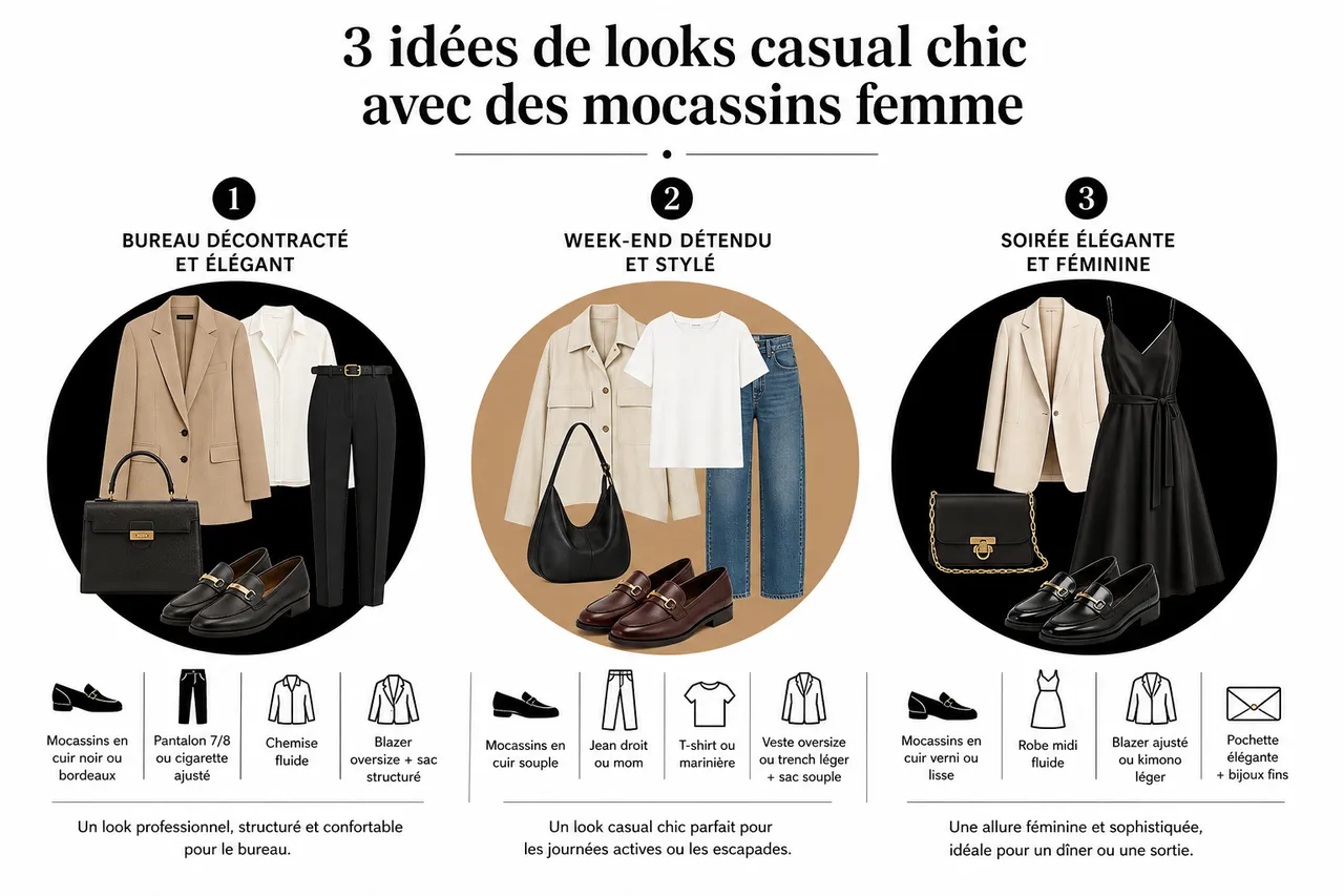 3 looks casual chic avec des mocassins femme à reproduire facilement , 3 idées de looks casual chic avec des mocassins femme