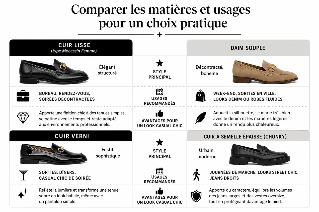 3 looks casual chic avec des mocassins femme à reproduire facilement , Comparer les matières et usages pour un choix pratique