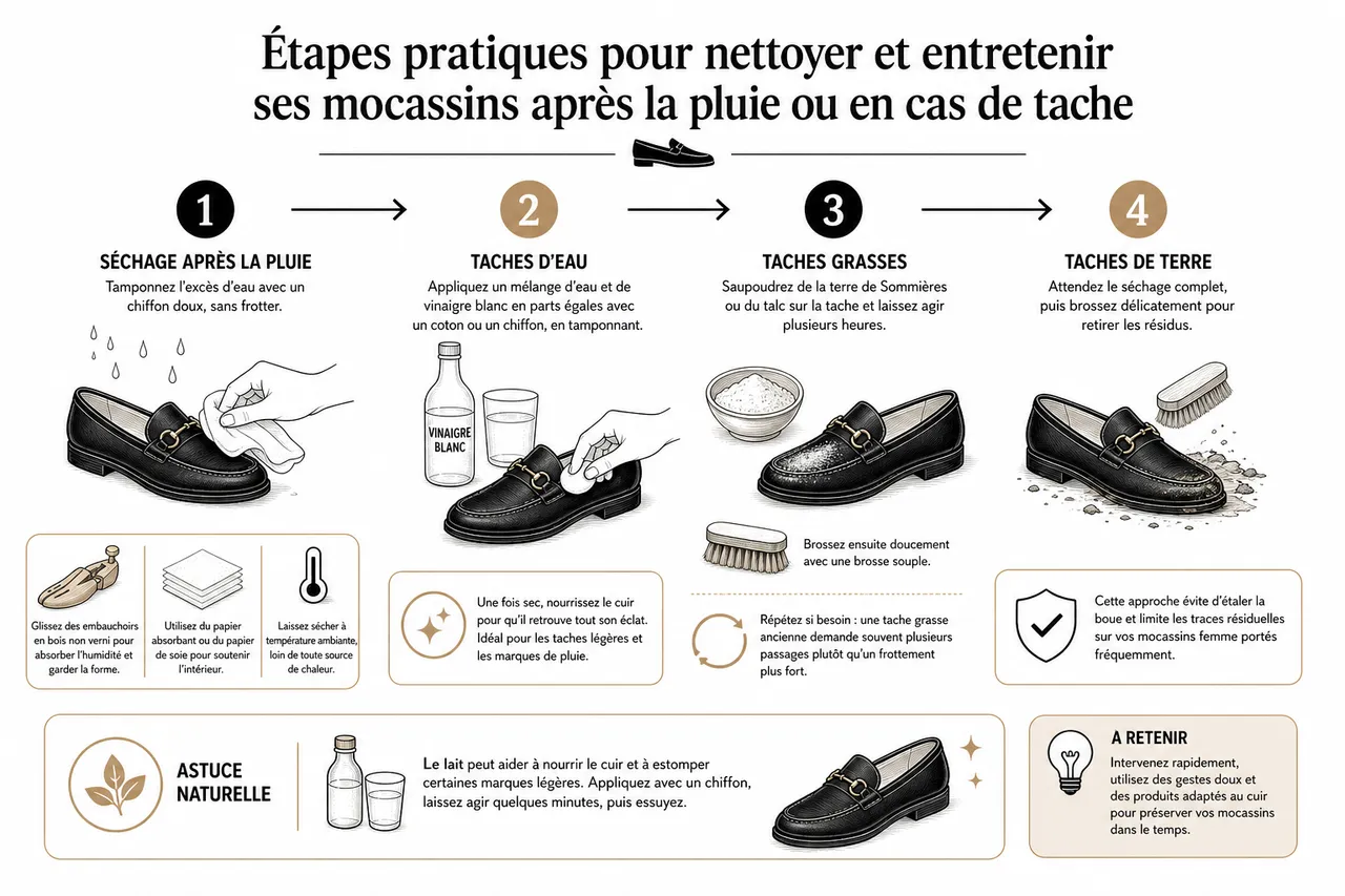 Protéger ses mocassins femme de la pluie et des taches: astuces essentielles , Étapes pratiques pour nettoyer et entretenir ses mocassins après la pluie ou en cas de tache