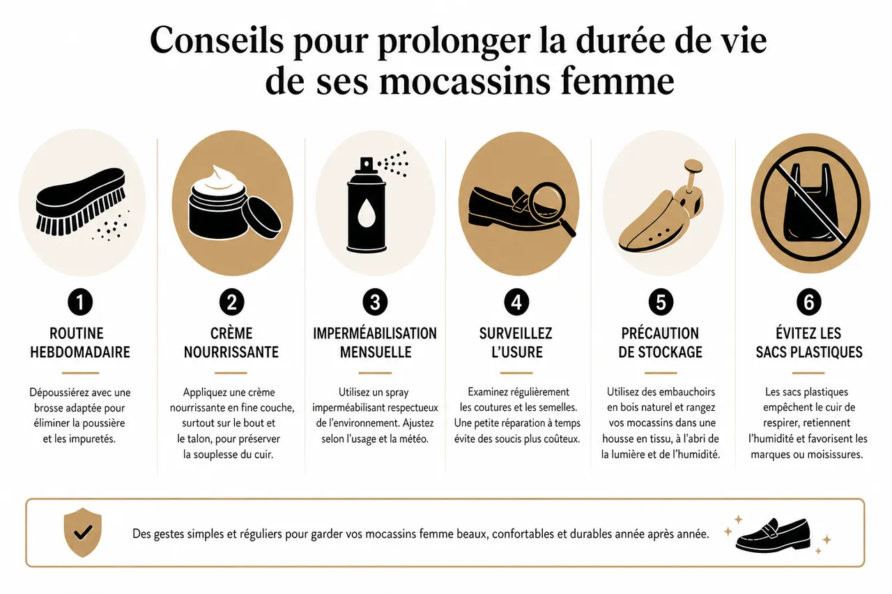 Protéger ses mocassins femme de la pluie et des taches: astuces essentielles , Conseils pour prolonger la durée de vie de ses mocassins femme