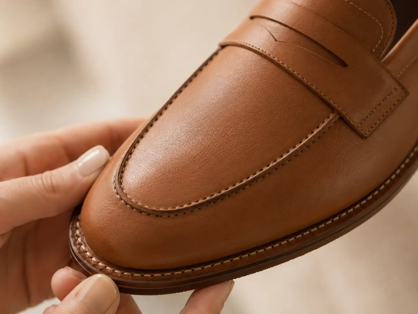 Couture de la semelle d’un mocassin femme en cuir souple