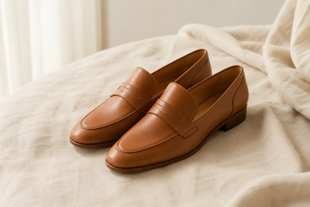 Mocassins femme en cuir souple caramel posés sur du lin beige