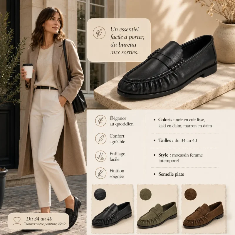 Caractéristiques du mocassin femme plissé : coloris, tailles du 34 au 40 et matières
