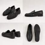 Mocassin femme plissé noir vu sous quatre angles, semelle comprise