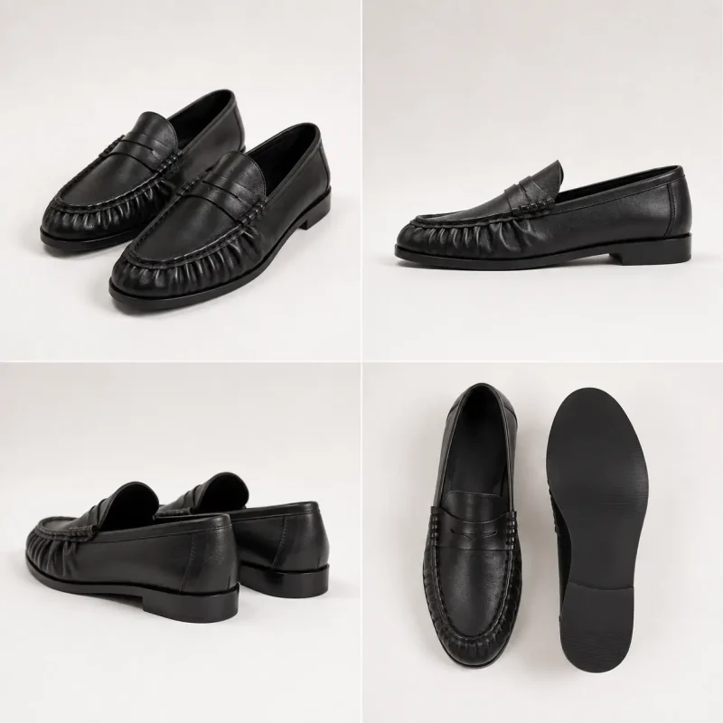 Mocassin femme plissé noir vu sous quatre angles, semelle comprise