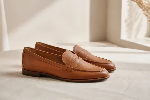 Mocassins femme en cuir caramel posés sur du lin beige