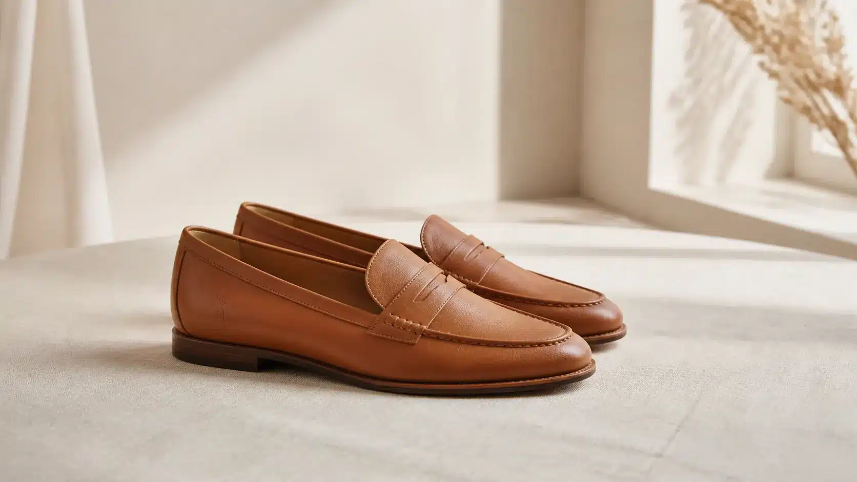 Mocassins femme en cuir caramel posés sur du lin beige