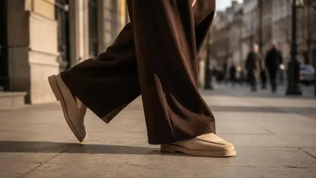 Mocassins en daim beige portés avec un pantalon large chocolat, ourlet effleurant le pied