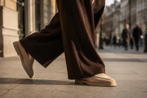 Mocassins en daim beige portés avec un pantalon large chocolat, ourlet effleurant le pied