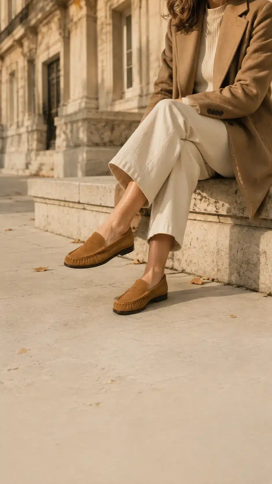 Mocassins femme en daim cognac portés avec un pantalon écru, assise sur une marche en automne