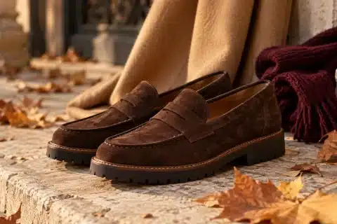 Mocassins femme automne 2026 en daim marron chocolat sur des feuilles d'automne