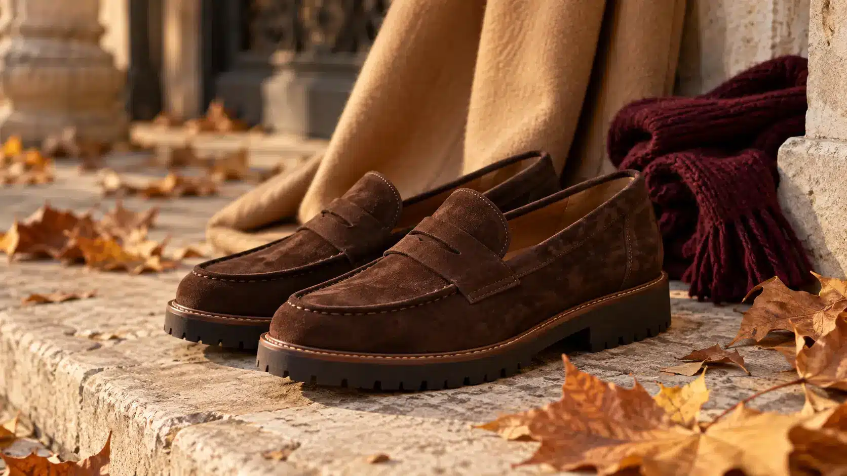 Mocassins femme automne 2026 en daim marron chocolat sur des feuilles d'automne