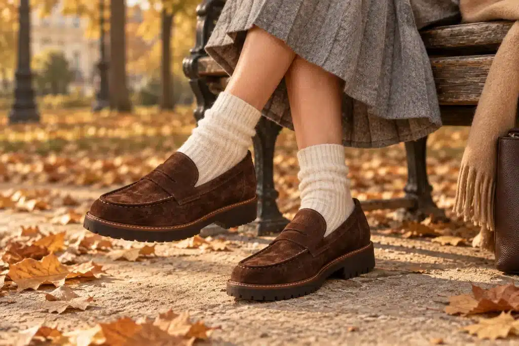 Mocassins femme en daim portés avec des chaussettes en laine en automne