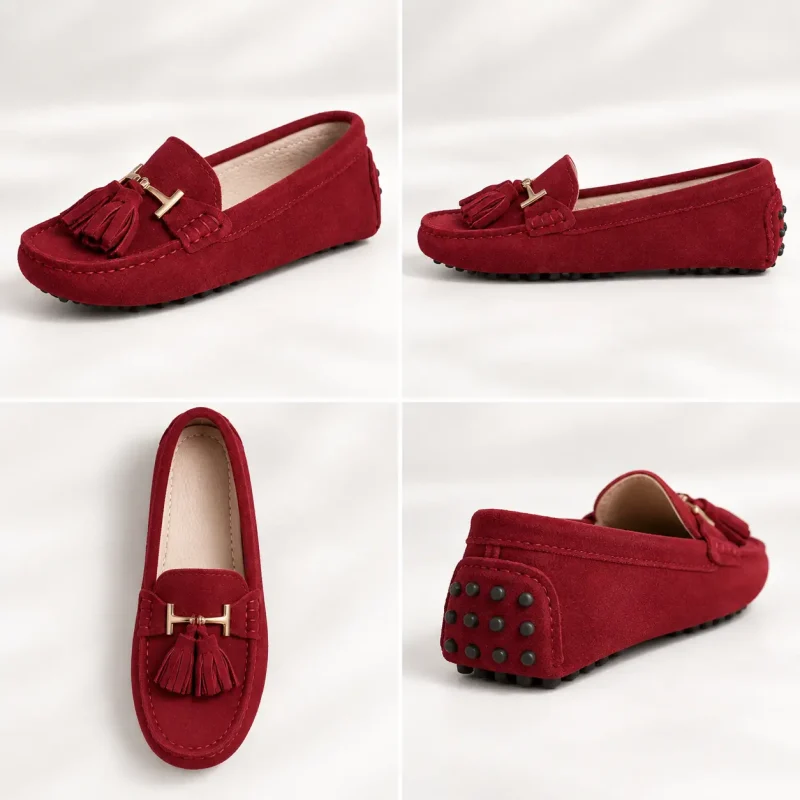 Mocassin femme bordeaux en cuir velours vu sous quatre angles, semelle à picots