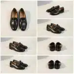 Mocassin Femme en Cuir – Style Britannique angles Collage de six photographies présentant les mocassins noirs en cuir sous des perspectives variées, incluant des vues de dessus, de côté et de l'arrière.