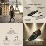 Mocassin Femme en Cuir – Style Britannique benefit Collage marketing en quatre parties. En haut à gauche, une femme élégante marche près de la Tour Eiffel avec les mocassins noirs. Les autres panneaux présentent les spécifications des modèles noir et blanc, des icônes de bénéfices et le mocassin noir en vedette.