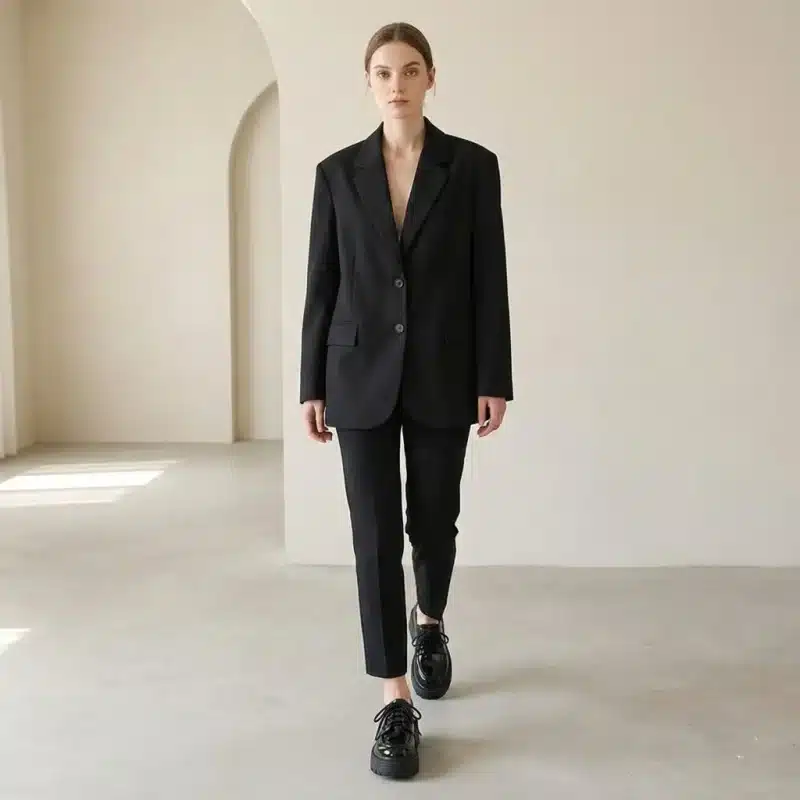 Une femme dans un ensemble tailleur noir, composé d'un blazer oversized et d'un pantalon slim, marche vers l'appareil photo dans un studio lumineux et minimaliste. Elle porte des chaussures Derby noires en cuir verni avec une semelle plateforme épaisse et crantée.