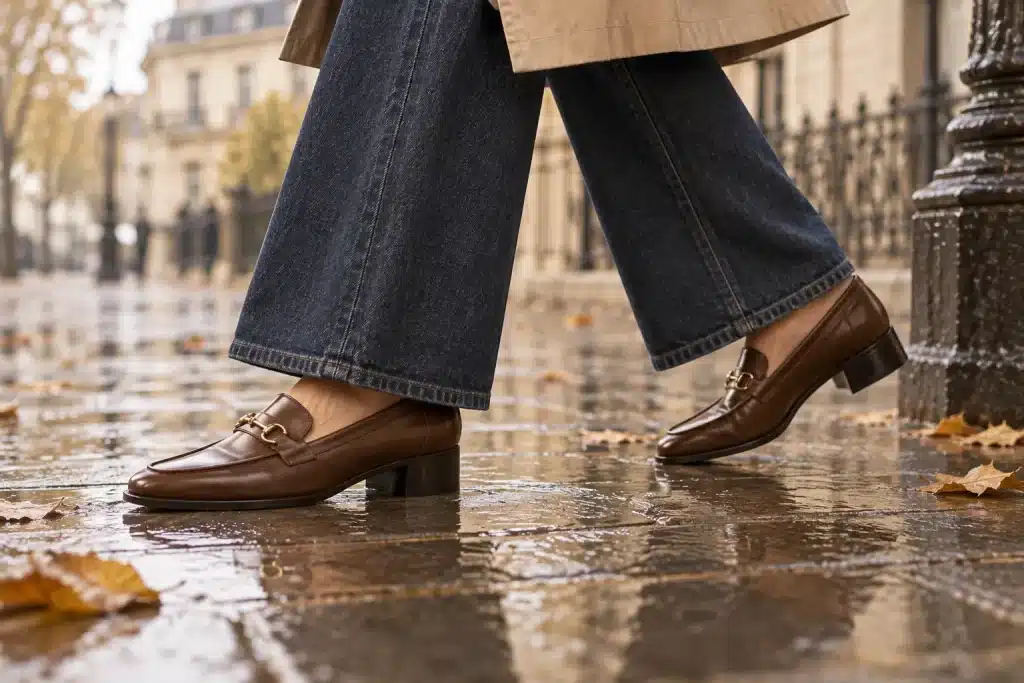 Mocassins femme en cuir marron portés avec un jean large sous la pluie de septembre