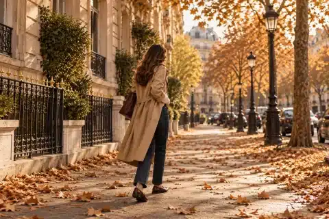Tenue automne femme avec trench beige, jean brut et mocassins marron