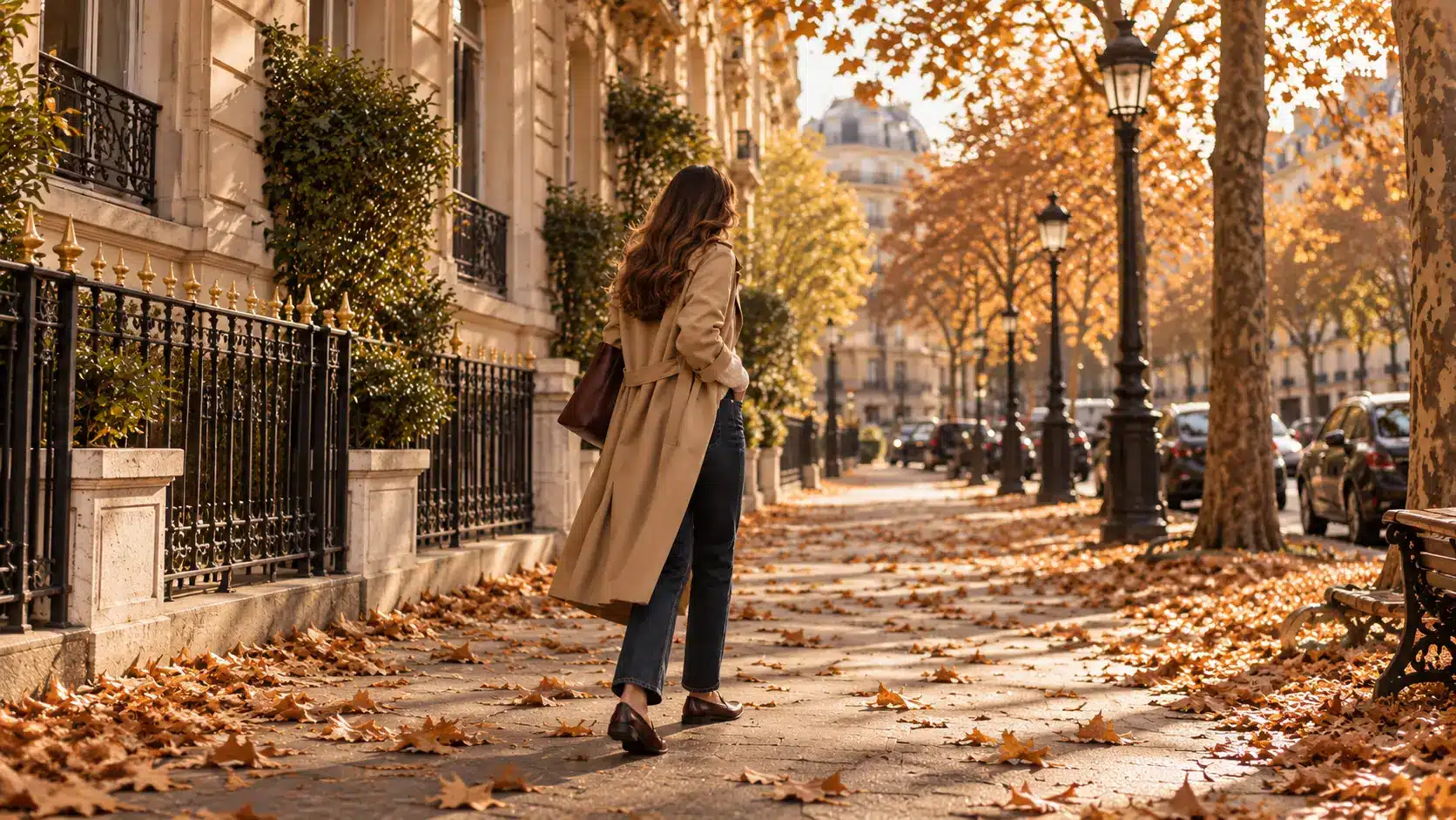 Tenue automne femme avec trench beige, jean brut et mocassins marron