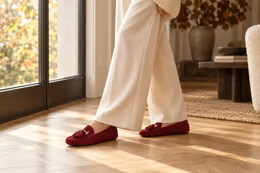 Look automne femme avec pantalon large crème et mocassins bordeaux