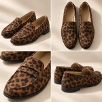 Mocassin Femme Léopard Effet Daim - angles Mocassin léopard femme effet daim vu sous plusieurs angles, bride penny et semelle noire