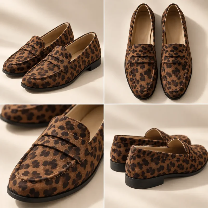 Mocassin léopard femme effet daim vu sous plusieurs angles, bride penny et semelle noire