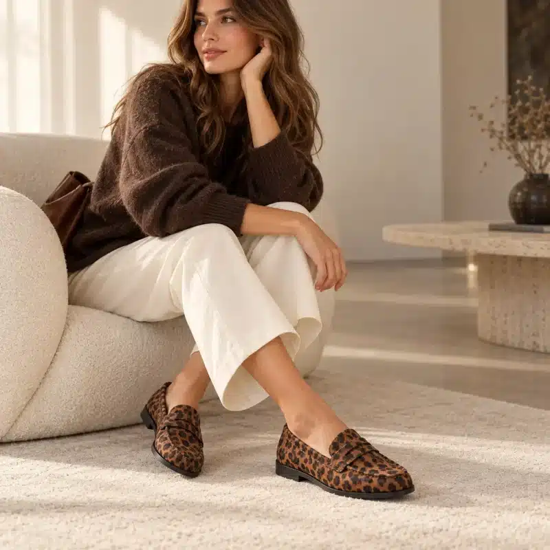 Femme portant des mocassins léopard effet daim avec un pantalon large crème et un pull marron