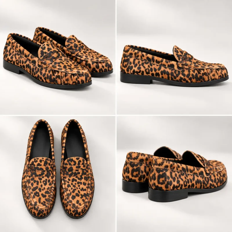 Mocassin léopard femme vu sous quatre angles, semelle noire et bout rond