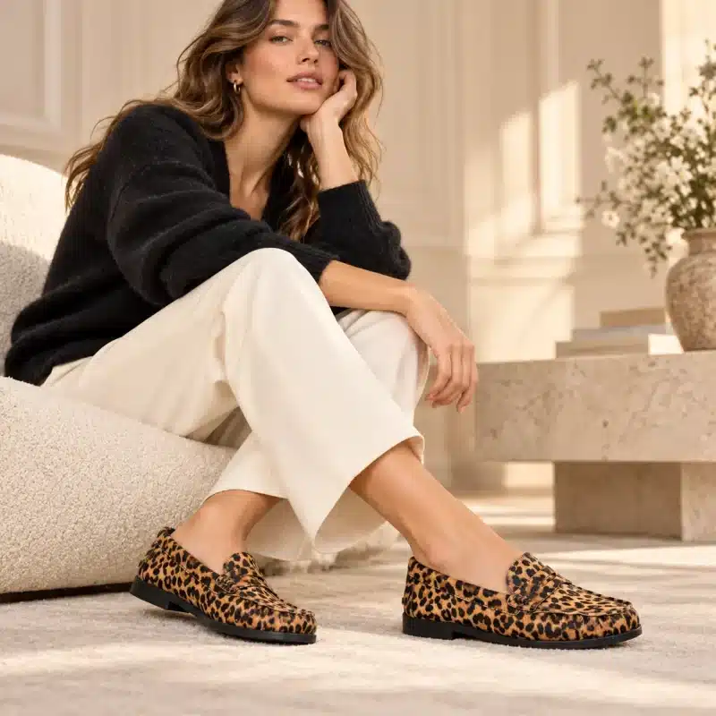 Femme portant des mocassins léopard en cuir avec un pantalon large crème et un pull noir