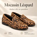 mocassin-femme-leopard-cuir-poils-ras-specs Mocassin léopard femme en cuir de vache à poils ras, détail de la bride penny