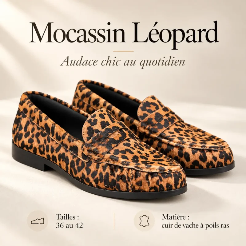 Mocassin léopard femme en cuir de vache à poils ras, détail de la bride penny