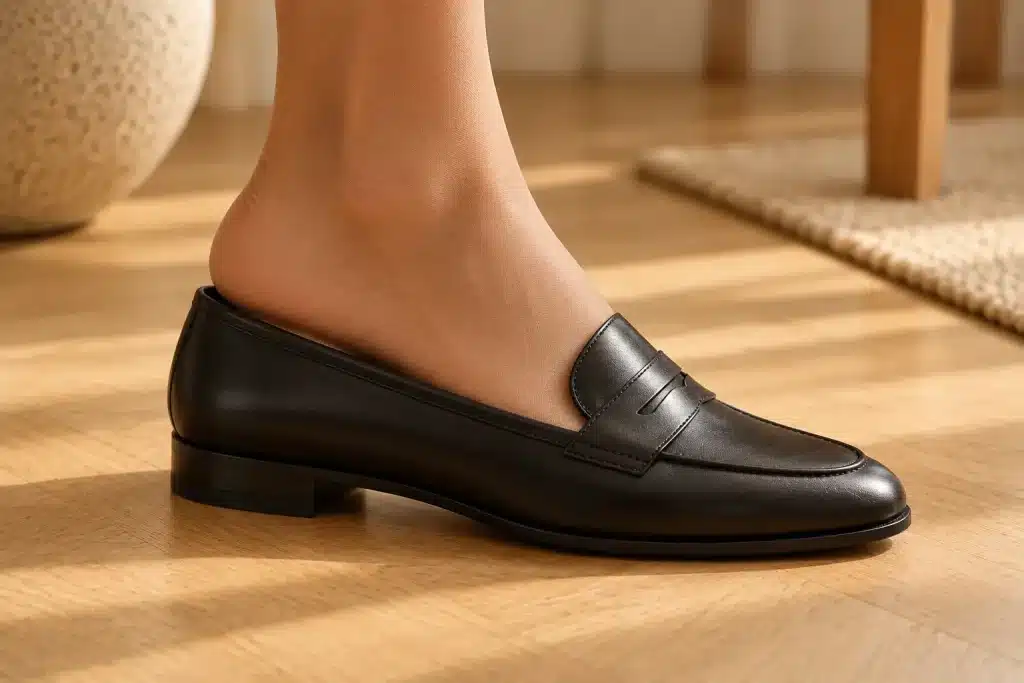 Talon qui glisse hors d'un mocassin noir trop grand